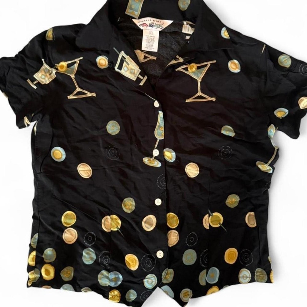 Weekend Traffic Vintage Black Cocktail Martini Novelty Print Rayon Blouse L